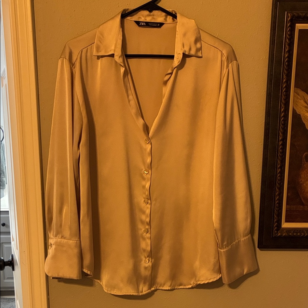 Zara Satin Champagne Blouse Top S EUC